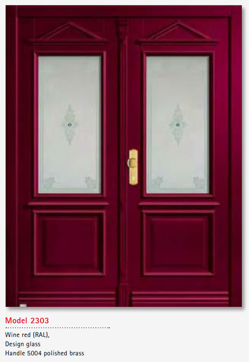 UNILUX Model 2303 Wine Red Door, Designer Glass, Polished Brass Handle, Custom Timber Entry Security Door